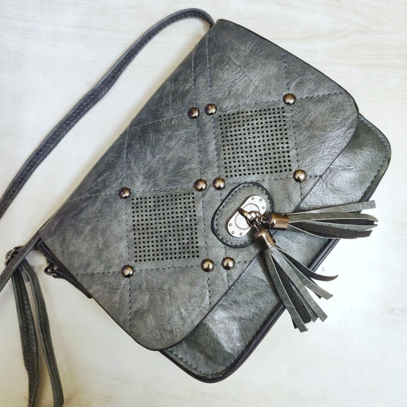 Boho Grey Green Sling Purse/ Wallet with metal studs and tassles - Picture 2 of 7